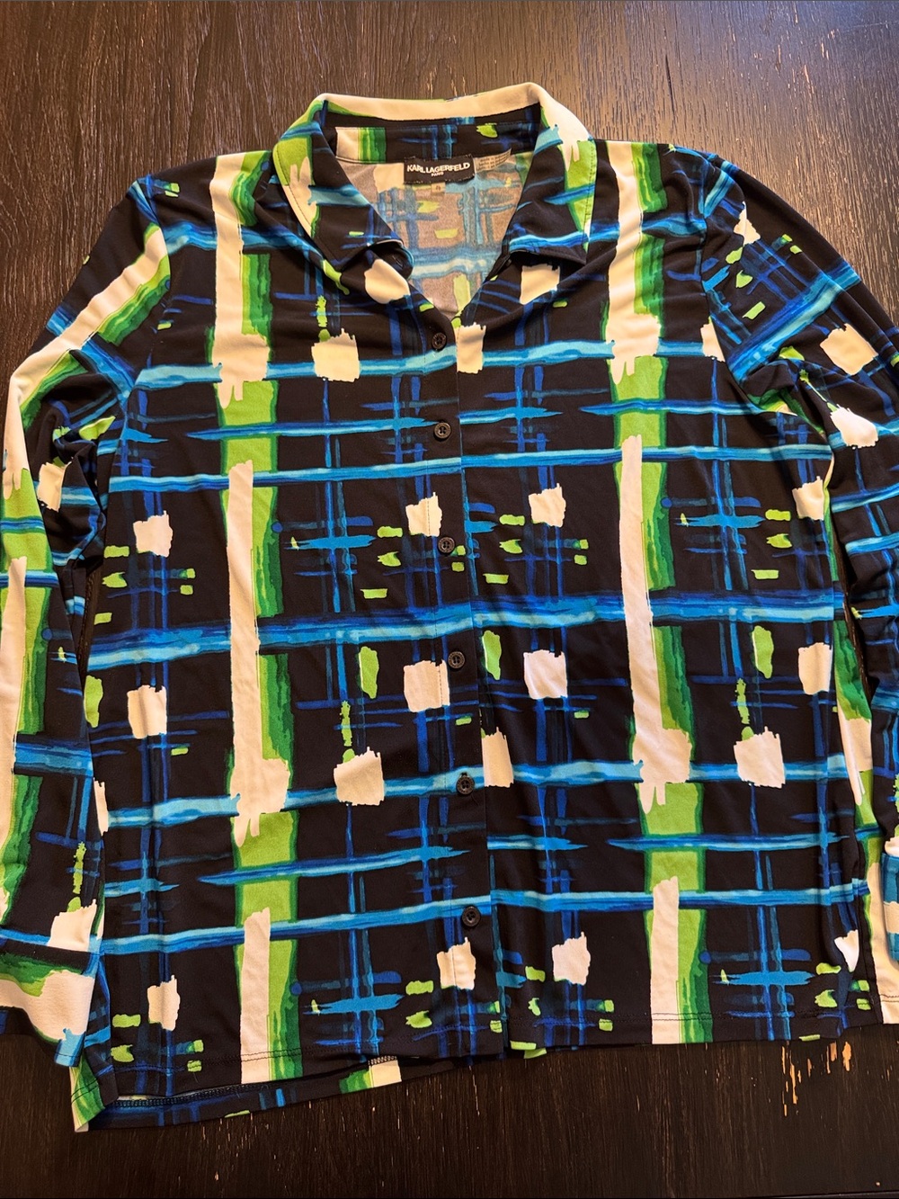Karl Lagerfeld Black, Blue & Green Abstract Plaid Button-Down Shirt